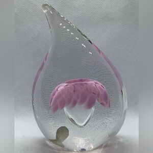 Larson Crystal Art Glass Pink Floral Teardrop Paperweight Signed Sticker 6” Rare